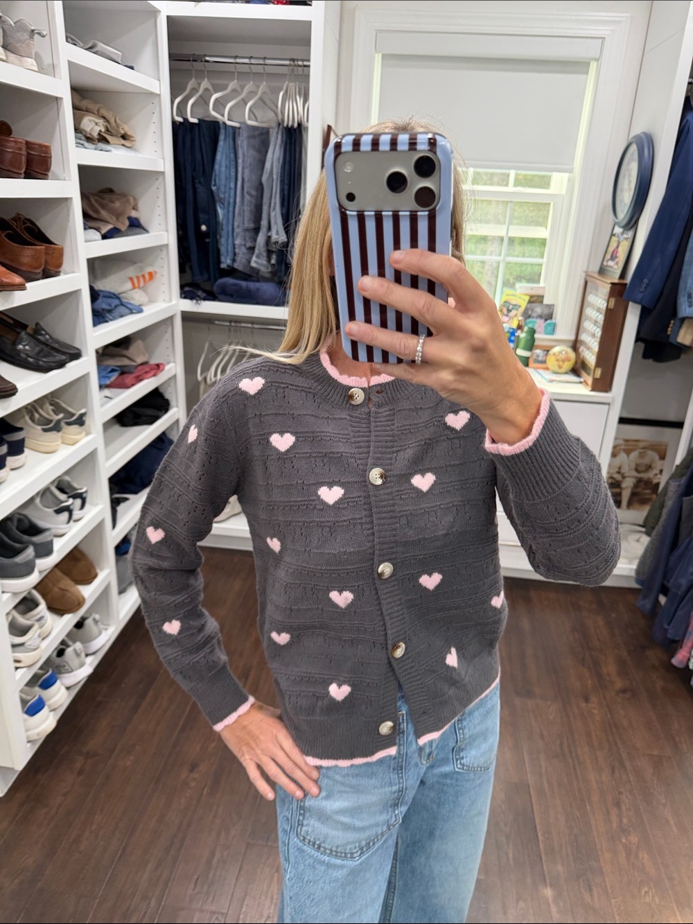 Amazon Dark Gray Cardigan with Pink Heart Accents
